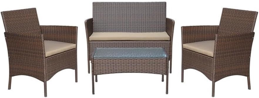 4PC Espresso Wicker Patio Set Tan Cushions