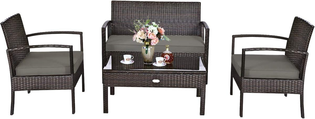 4-Piece Rattan Patio Conversation Set with Glass Table