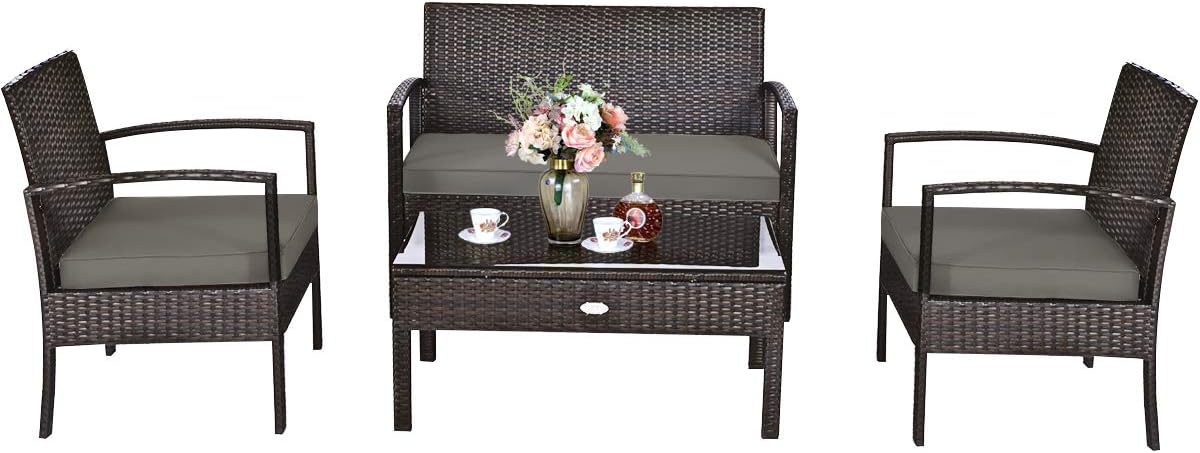 4-Piece Rattan Patio Conversation Set with Glass Table