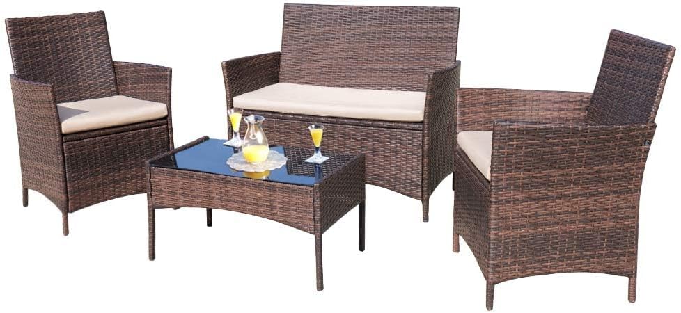 4-Piece Brown Rattan Patio Set Beige Cushions