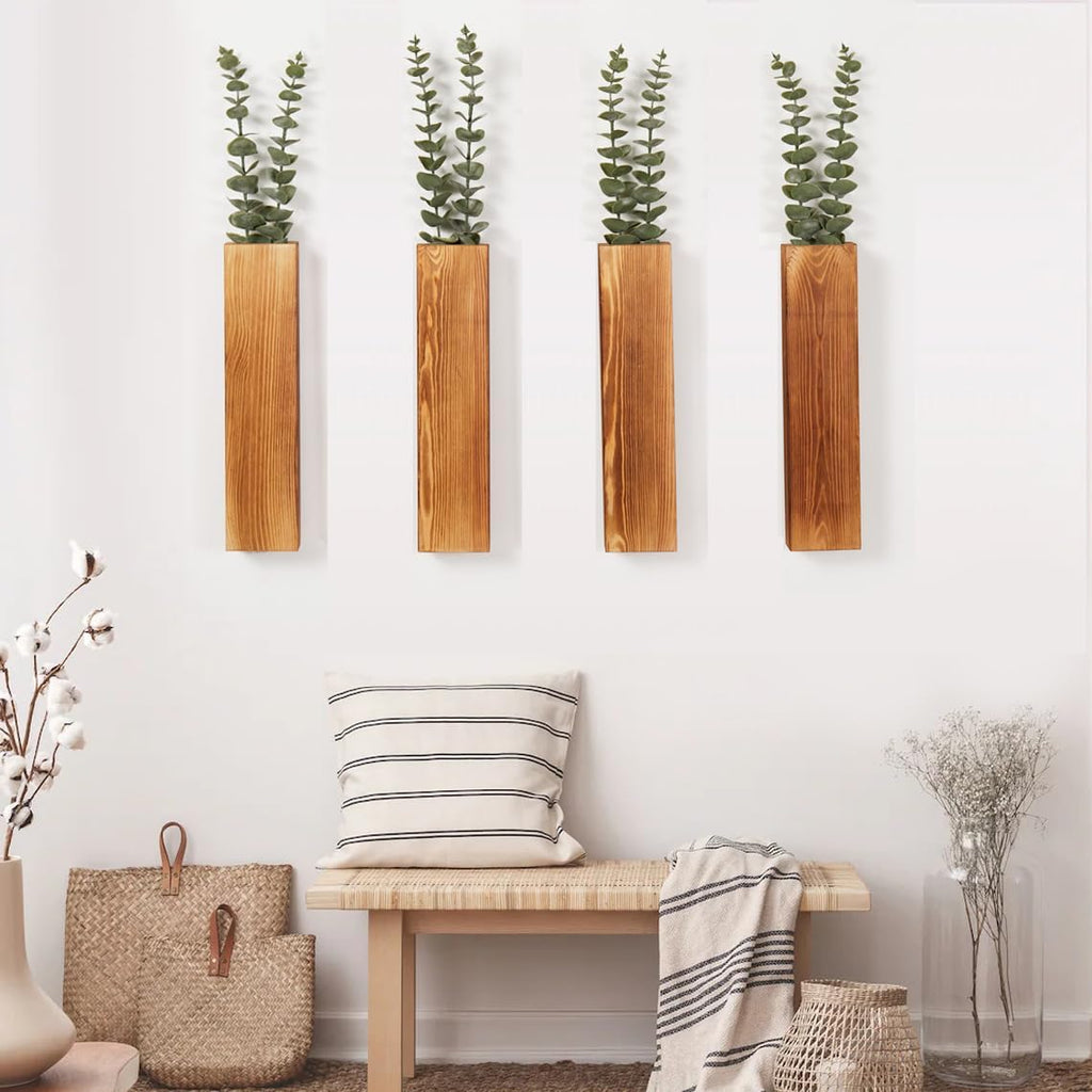4-Pack Wooden Wall Planters with Faux Eucalyptus Stems
