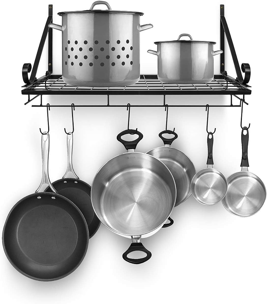 Black Wall Mount Pot Rack with 10 S Hooks