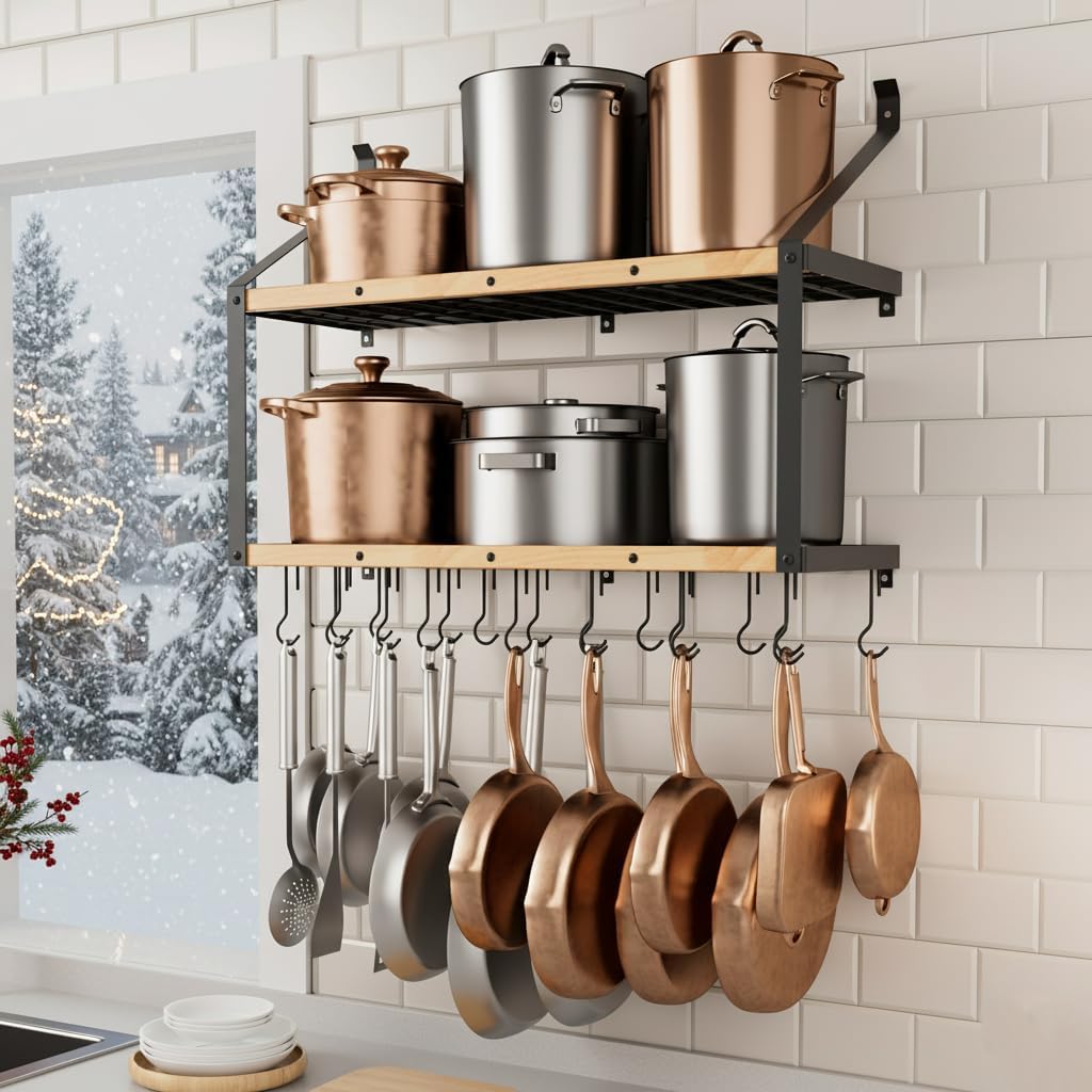 34" Wood Wall Pot Rack 20 Hooks Matte Black