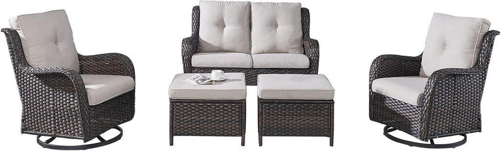 5 Piece Brown Wicker Patio Sectional Set Beige Cushions
