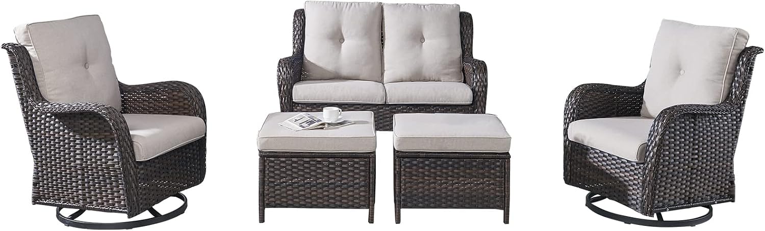 5 Piece Brown Wicker Patio Sectional Set Beige Cushions