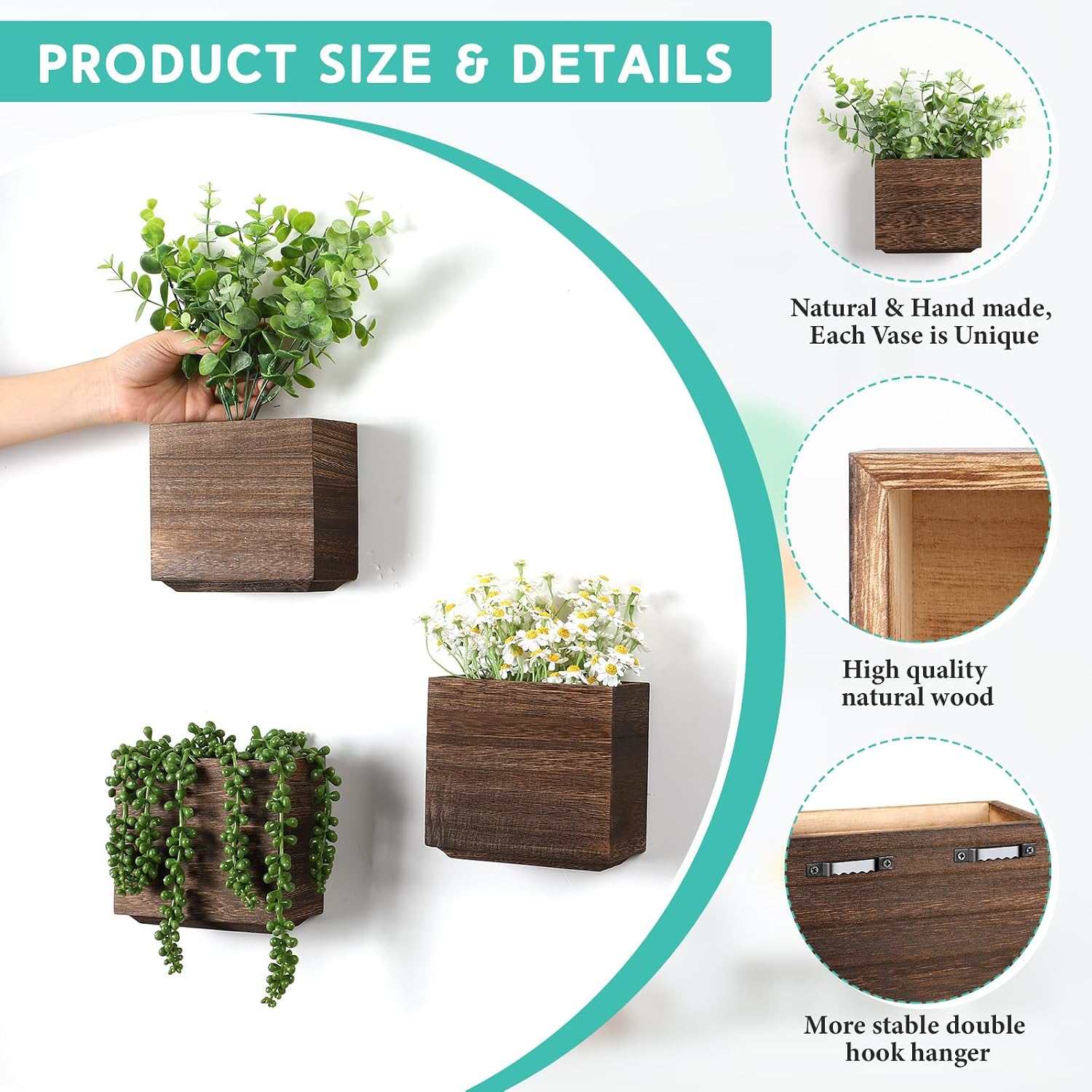 4 Pack Natural Wood Wall Hanging Planter Vases