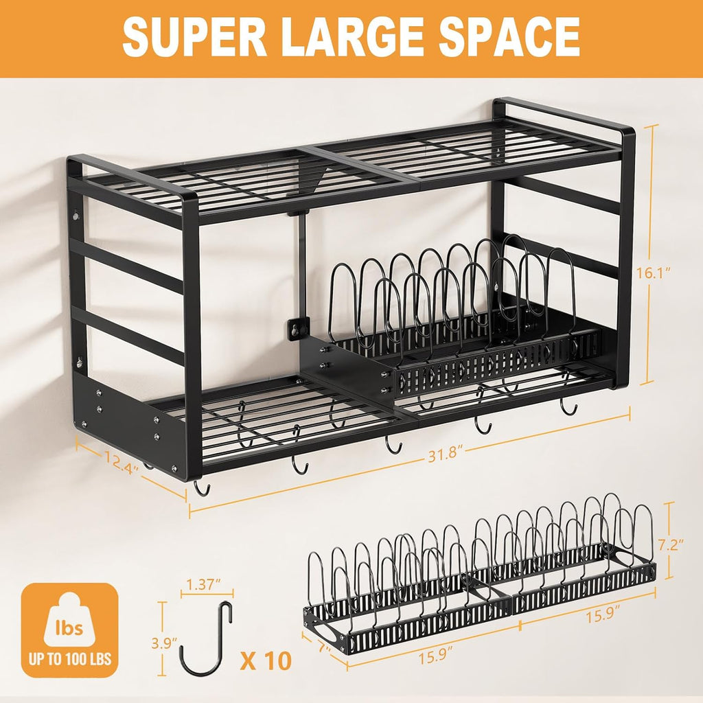 31" 2-Tier Wall Mount Pot Rack with Spice Rack