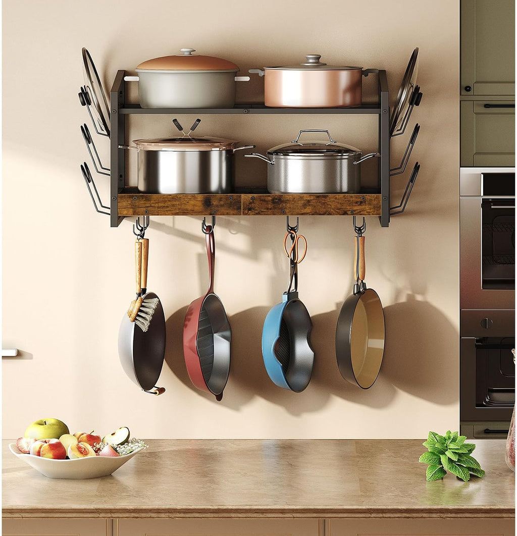 Rustic Brown 2-Tier Wall Mount Pot Rack with 12 Hooks