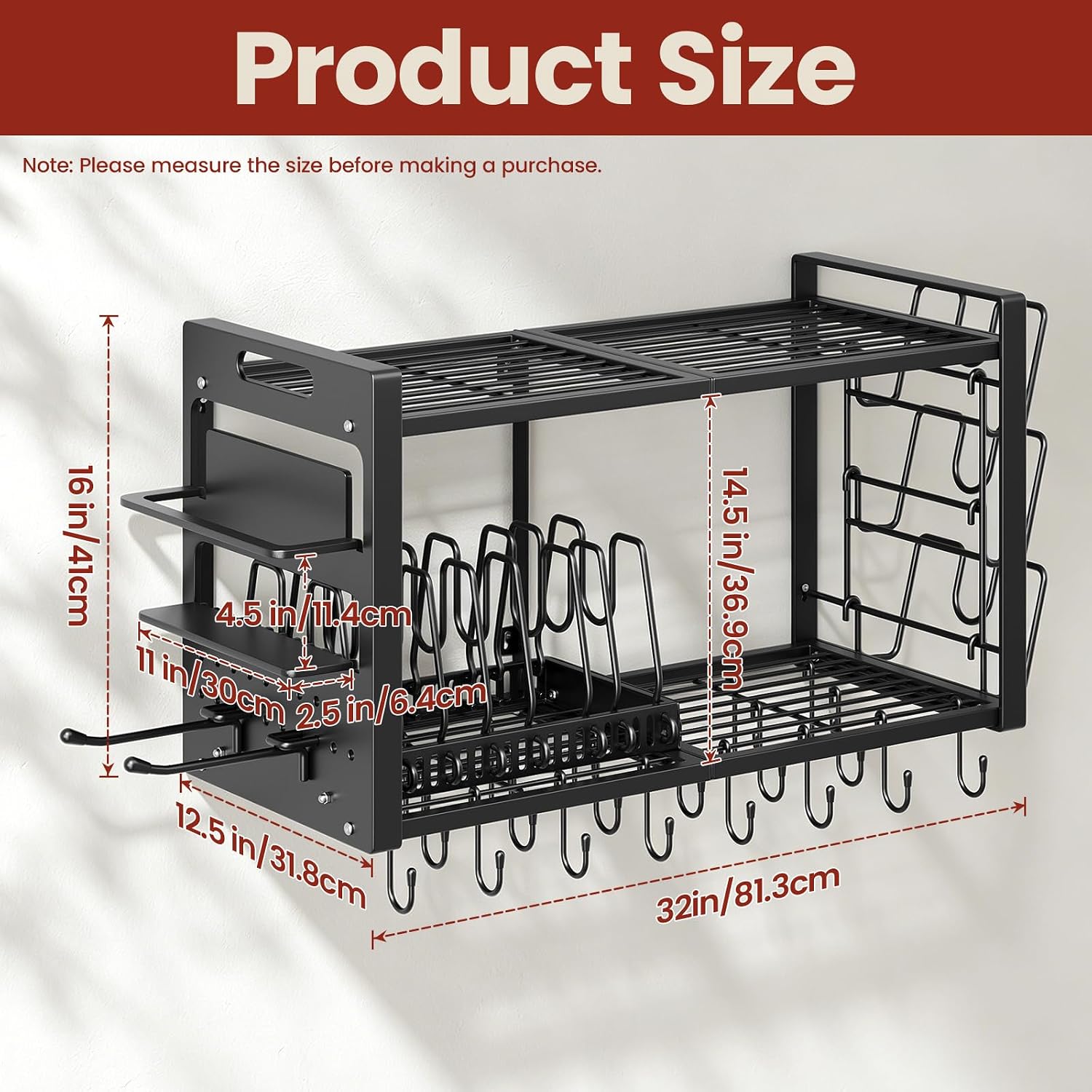 Wall Mount Pot Rack with 20 Hooks & Lid Holders