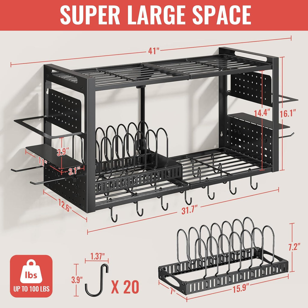 31" 3-in-1 Black Wall Mount Pot Rack