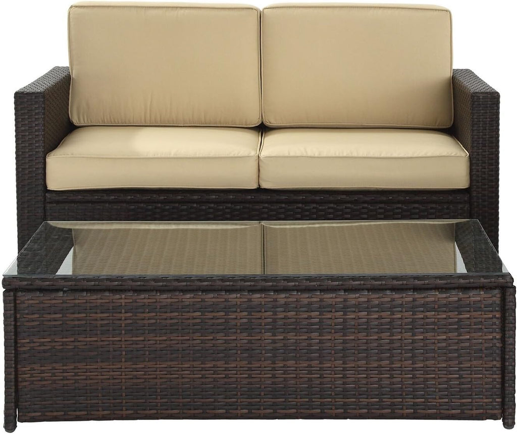 2-Piece Brown Wicker Patio Loveseat Set with Sand Cushions