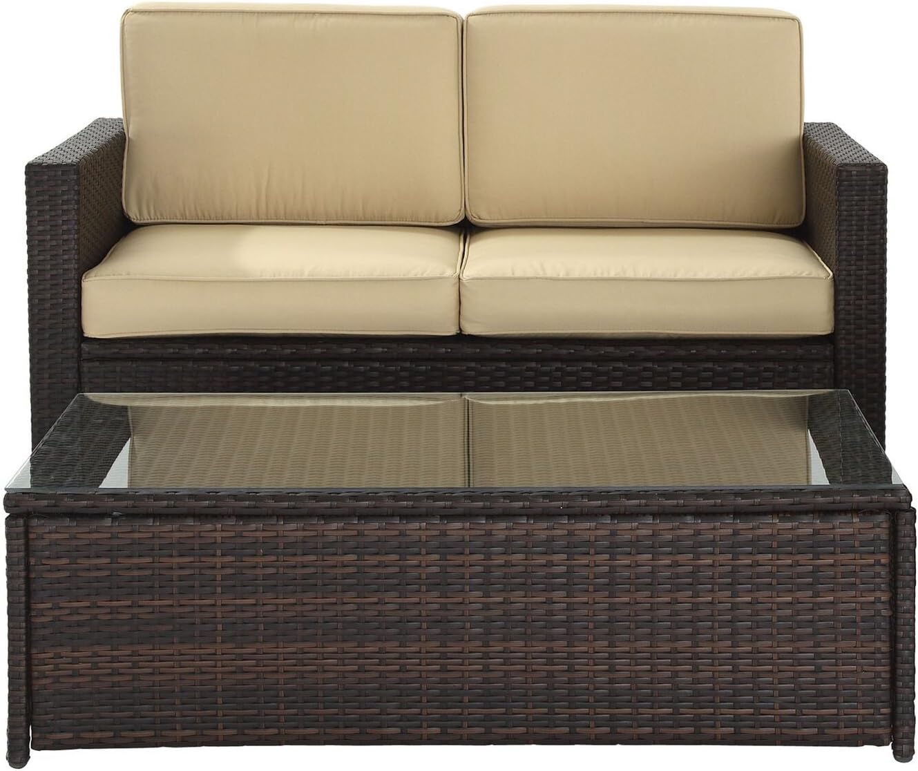 2-Piece Brown Wicker Patio Loveseat Set with Sand Cushions
