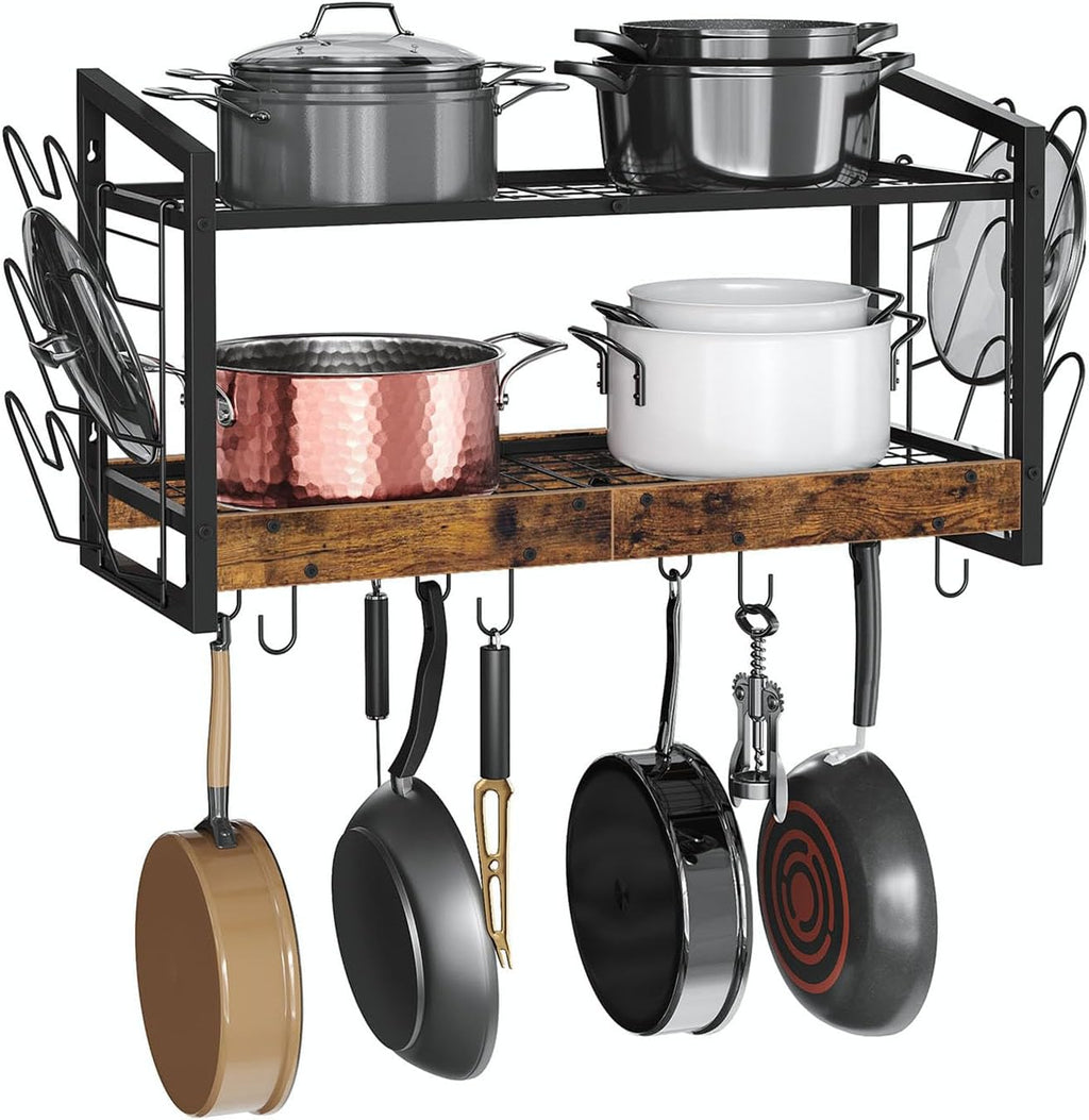 Rustic Brown 2-Tier Wall Mount Pot Rack with 12 Hooks