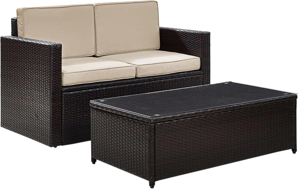 2-Piece Brown Wicker Patio Loveseat Set with Sand Cushions