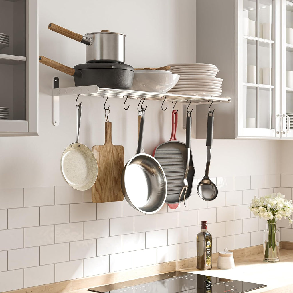 Chrome Stainless Steel Wall Pot Rack with 10 S Hooks