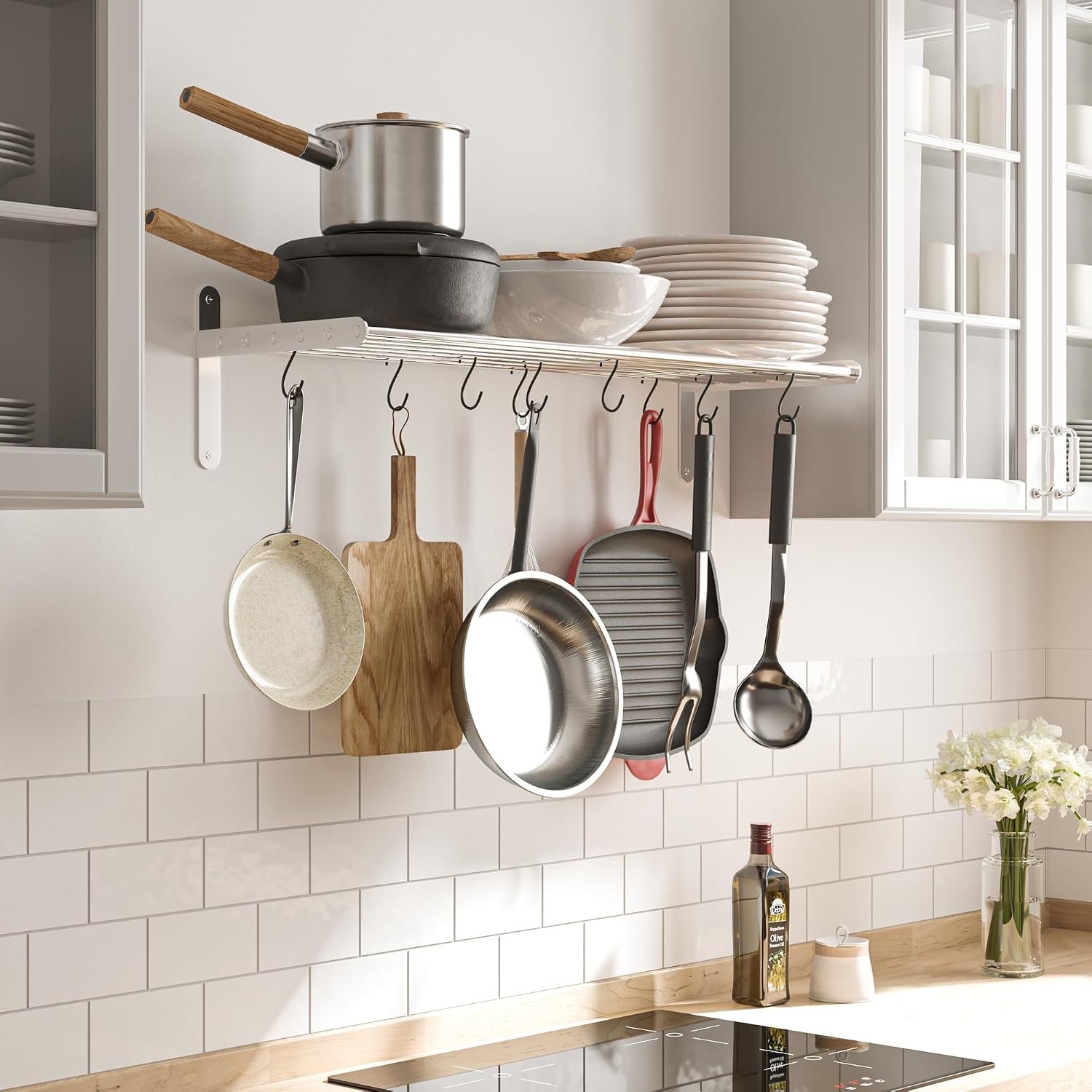 Chrome Stainless Steel Wall Pot Rack with 10 S Hooks