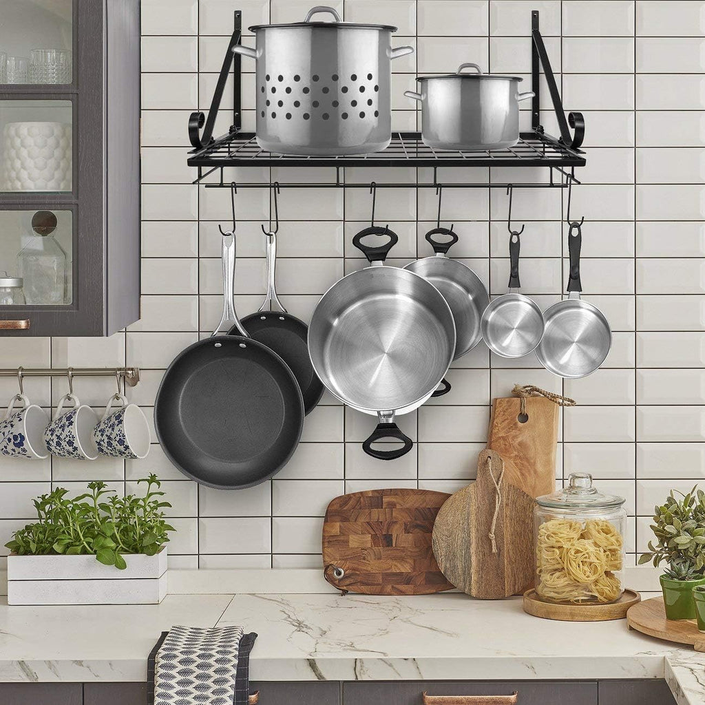 Black Wall Mount Pot Rack with 10 S Hooks