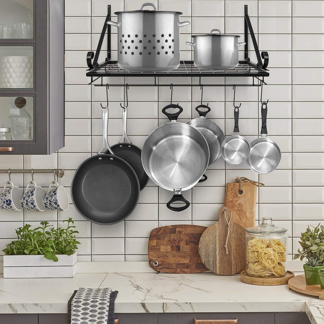 Black Wall Mount Pot Rack with 10 S Hooks