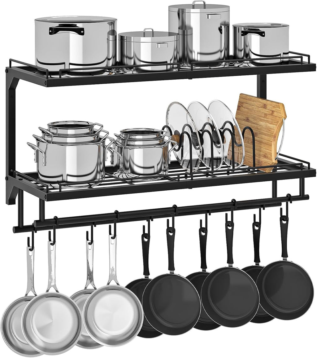 Black 2-Tier Wall Mount Pot Rack with 10 S Hooks