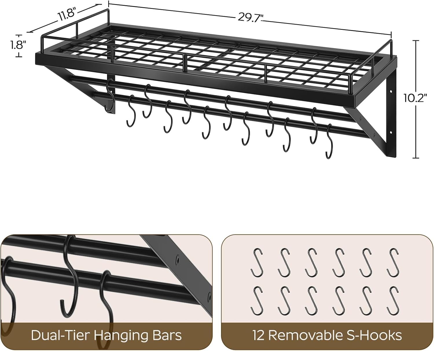 30" Black 2-Tier Wall Mount Pot Rack