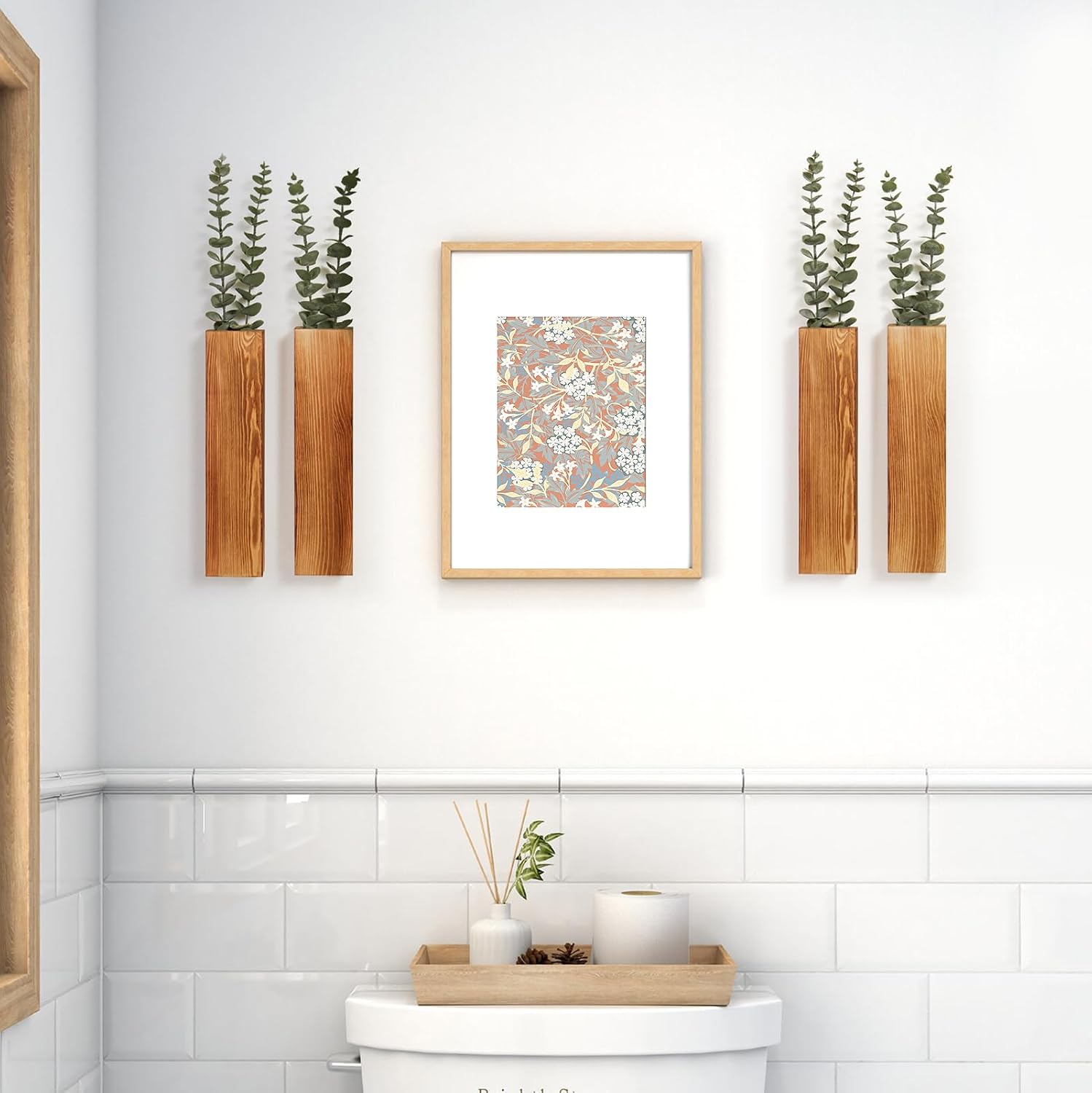 4-Pack Wooden Wall Planters with Faux Eucalyptus Stems