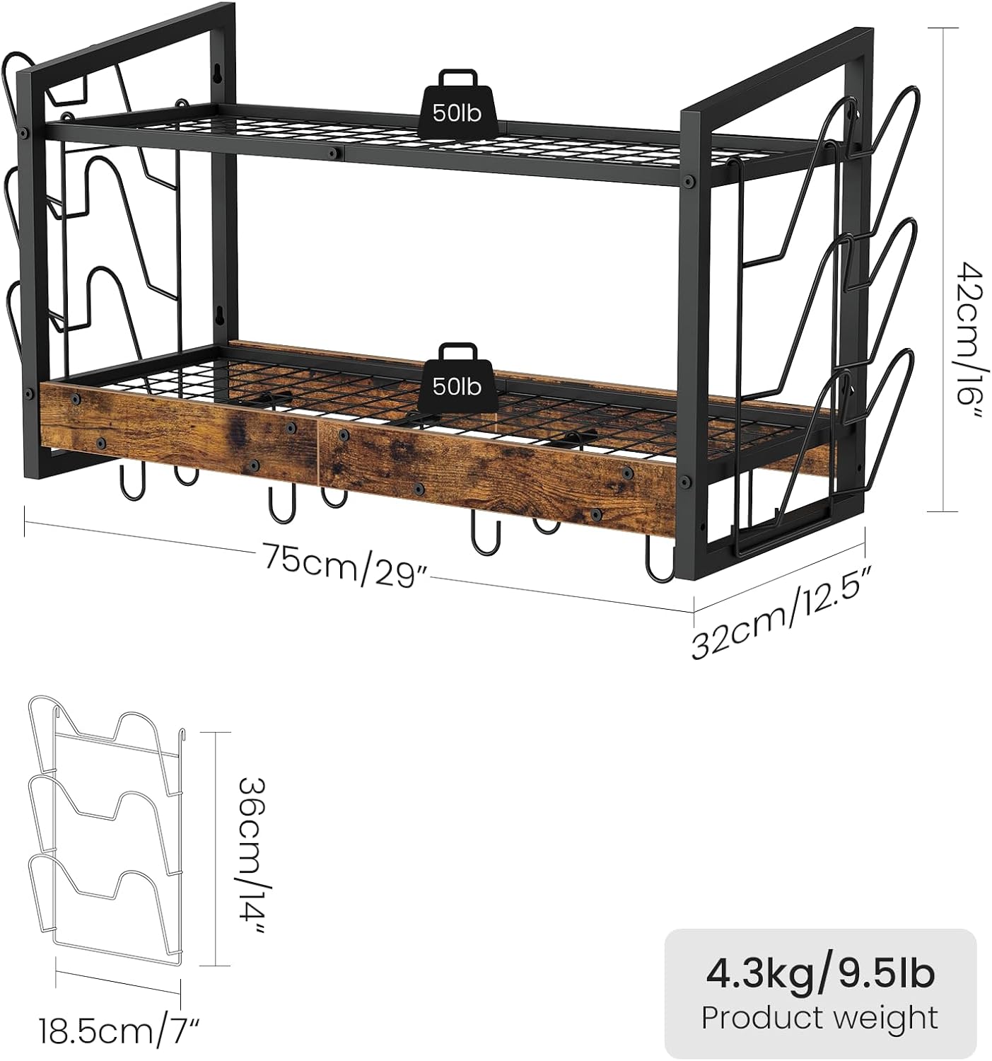 Rustic Brown 2-Tier Wall Mount Pot Rack with 12 Hooks