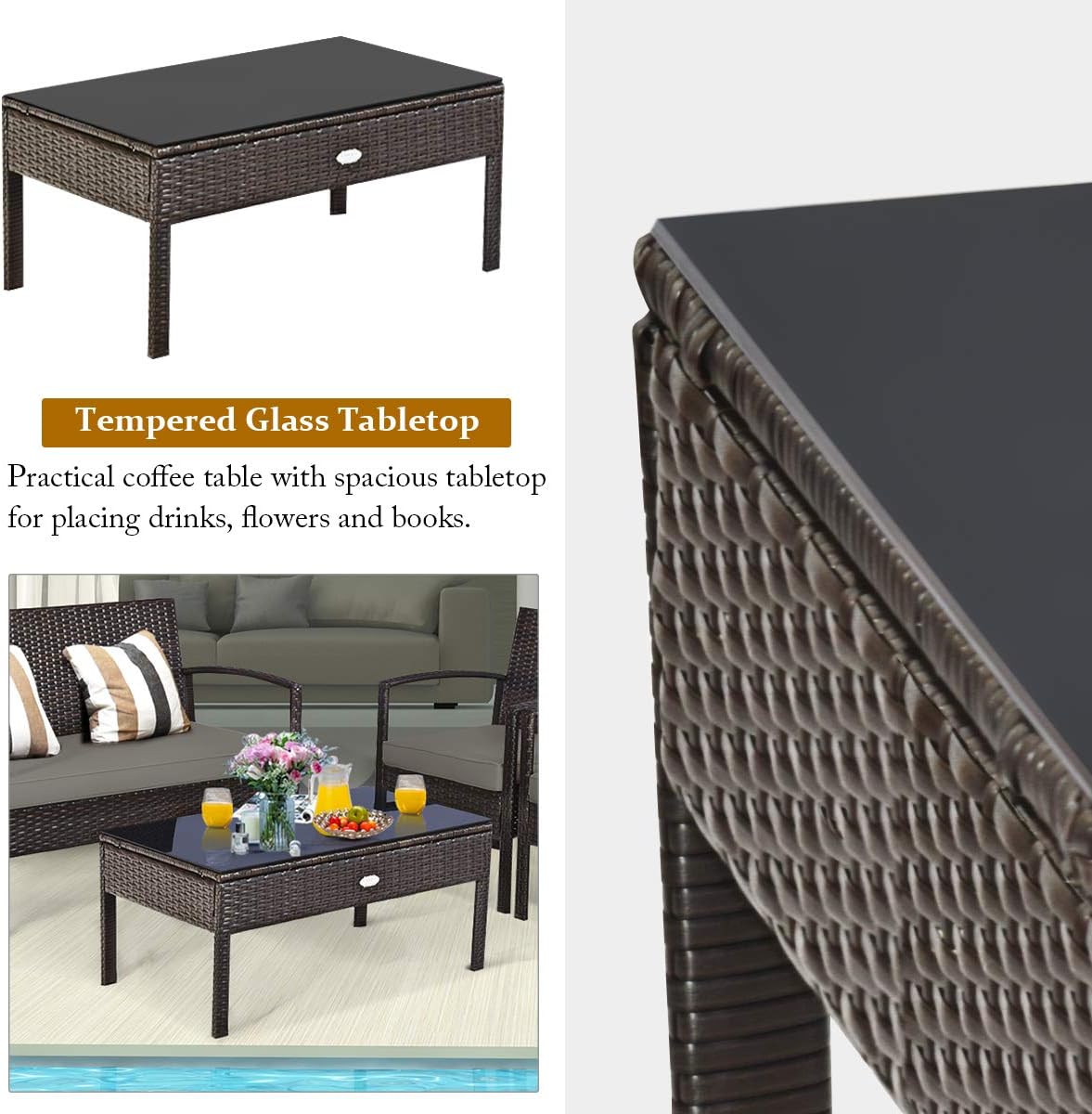 4-Piece Rattan Patio Conversation Set with Glass Table