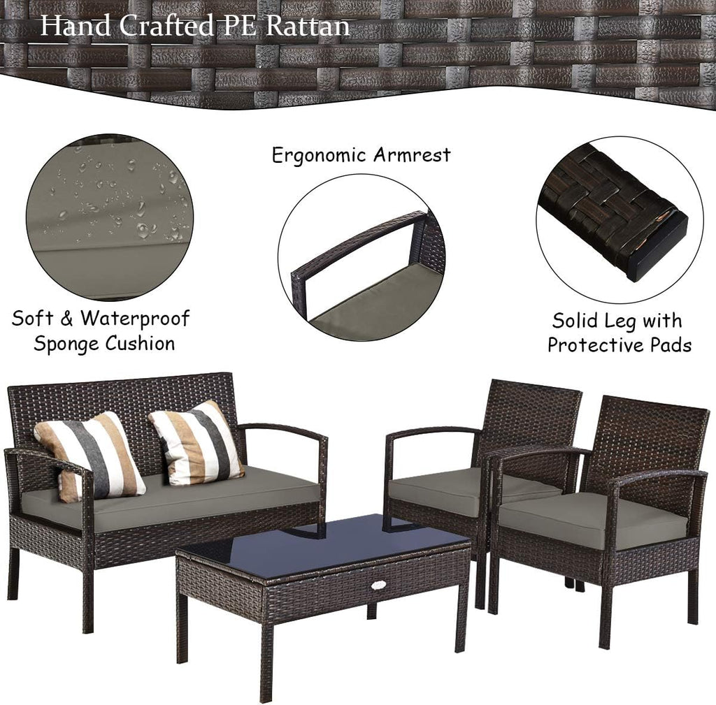 4-Piece Rattan Patio Conversation Set with Glass Table