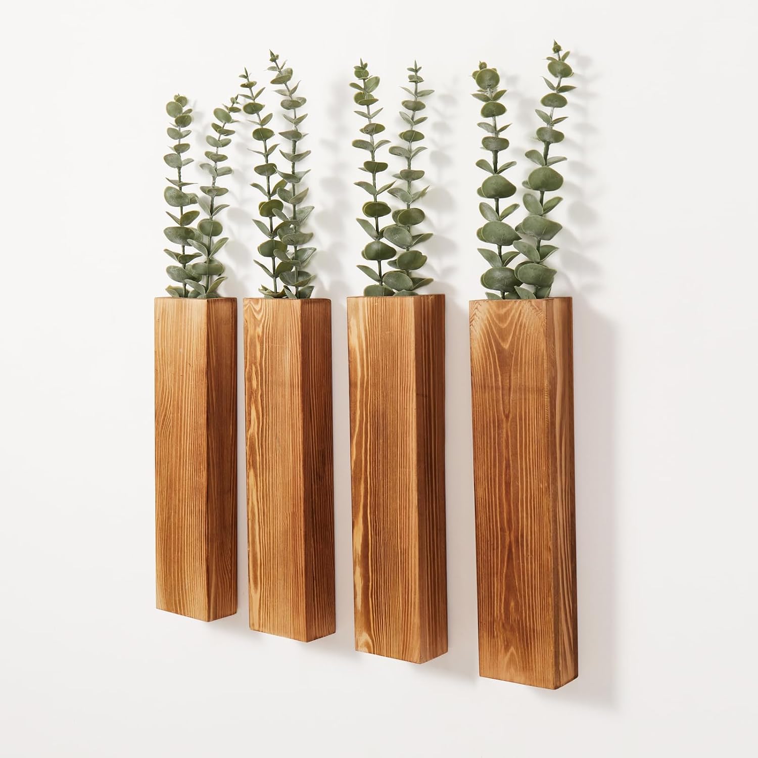 4-Pack Wooden Wall Planters with Faux Eucalyptus Stems