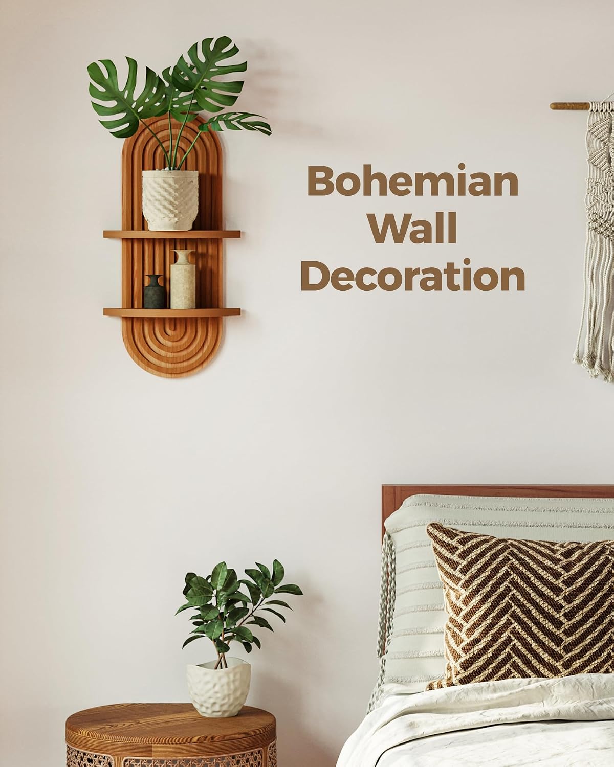 2-Tier Boho Wooden Floating Plant Wall Shelf
