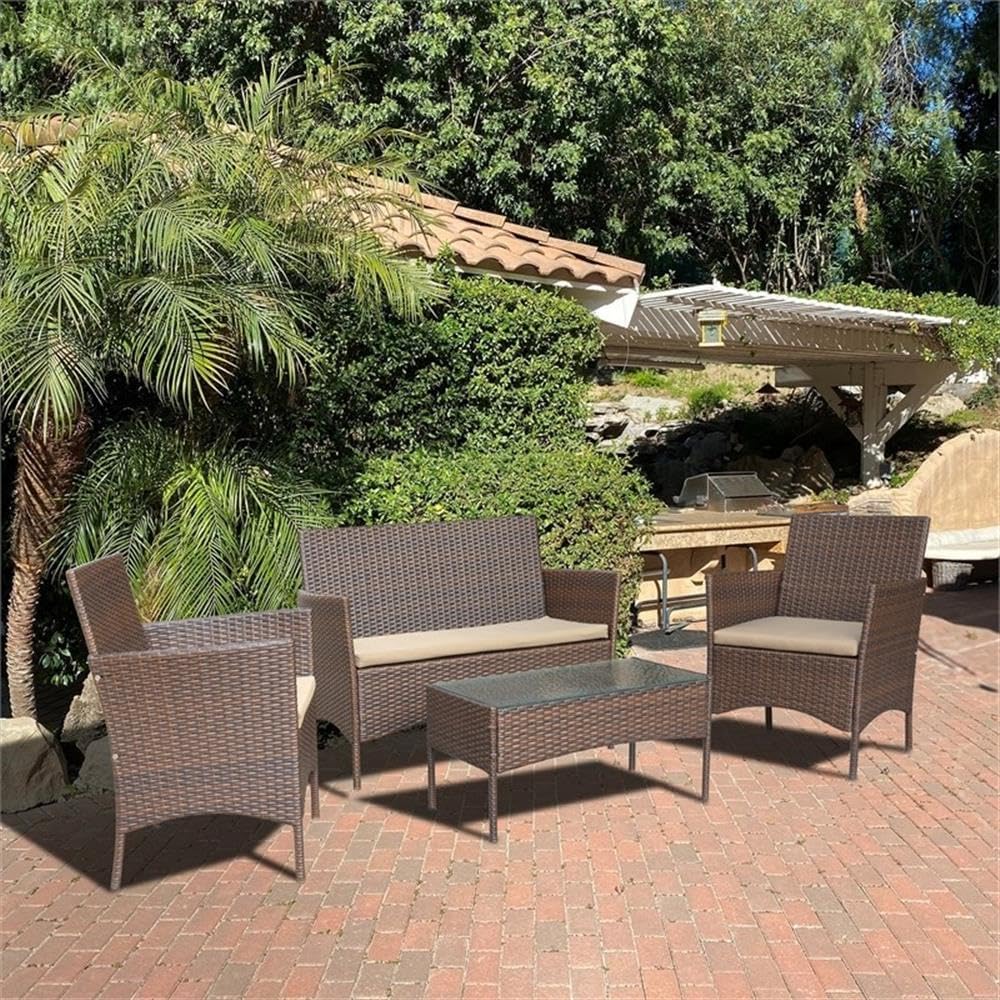 4PC Espresso Wicker Patio Set Tan Cushions