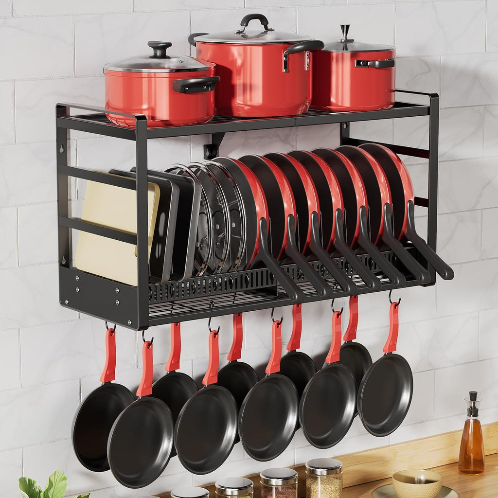 31" 2-Tier Wall Mount Pot Rack with Spice Rack