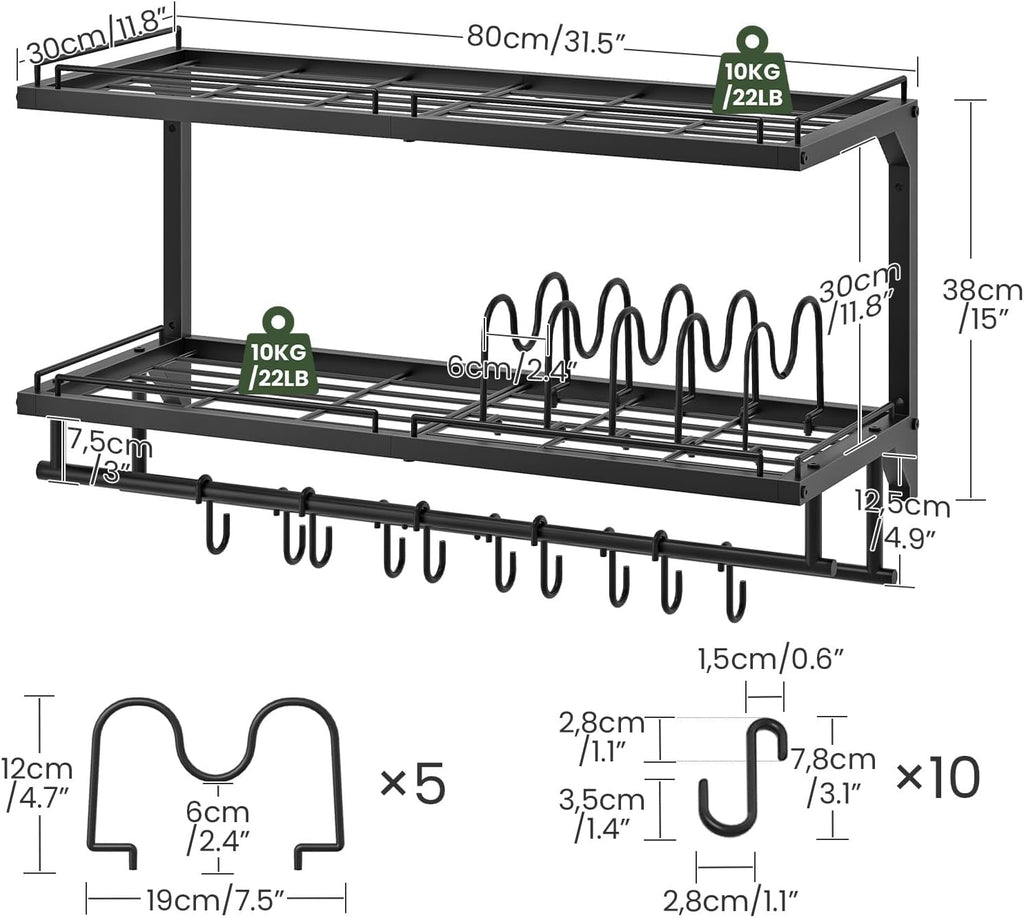 Black 2-Tier Wall Mount Pot Rack with 10 S Hooks