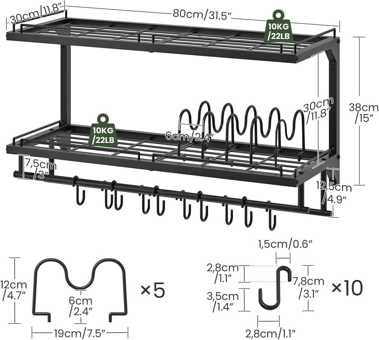 Black 2-Tier Wall Mount Pot Rack with 10 S Hooks