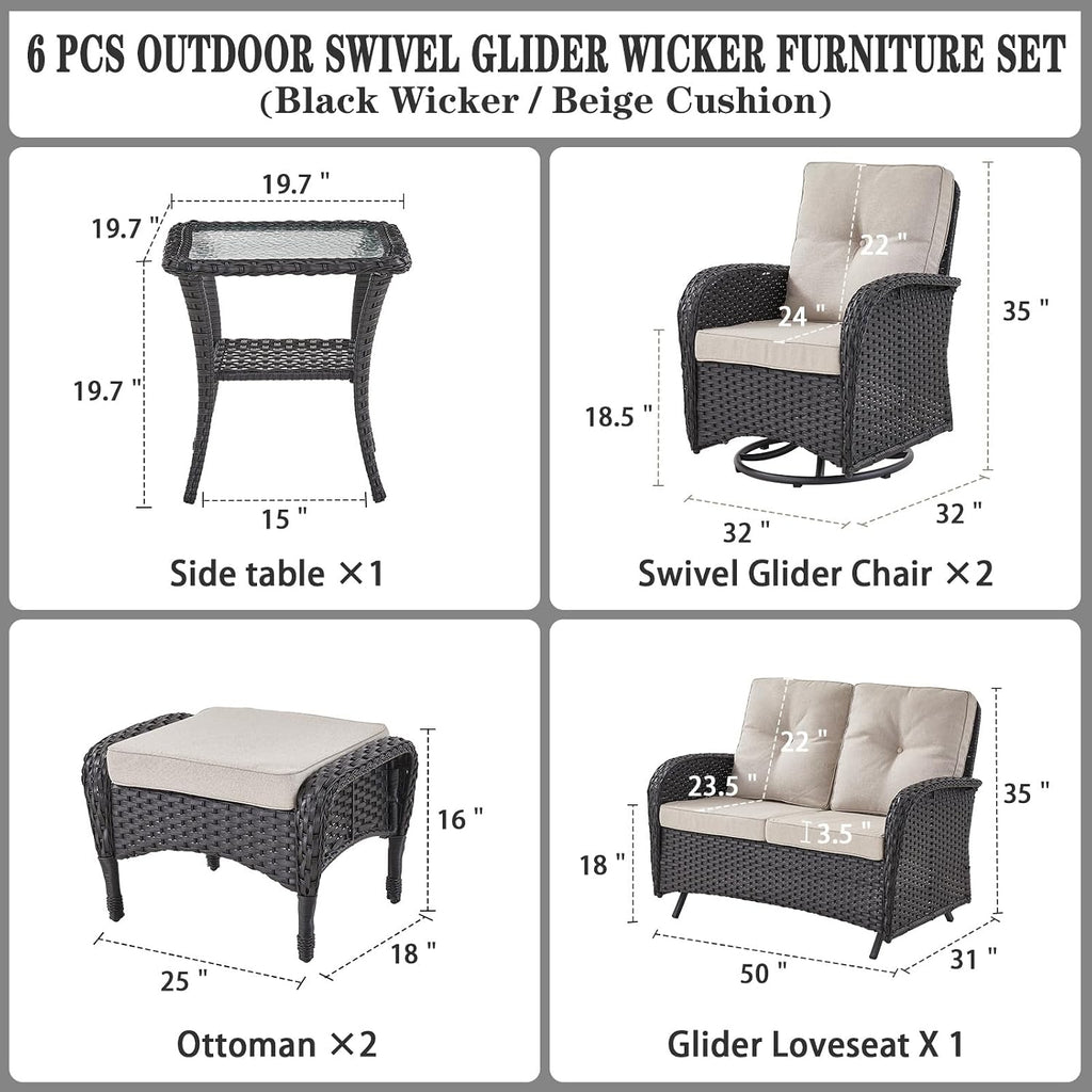 6 Piece Black Wicker Patio Set Swivel Rockers & Glider