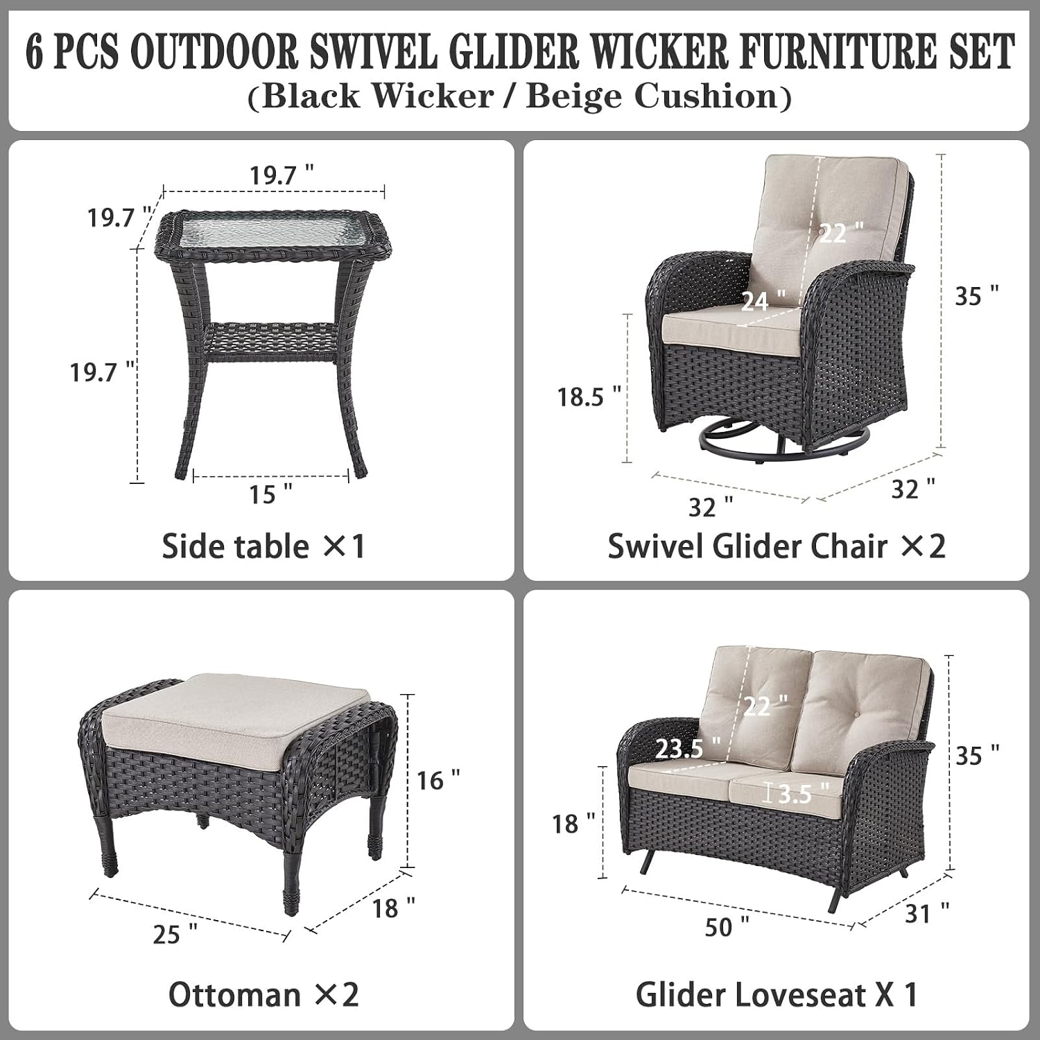 6 Piece Black Wicker Patio Set Swivel Rockers & Glider