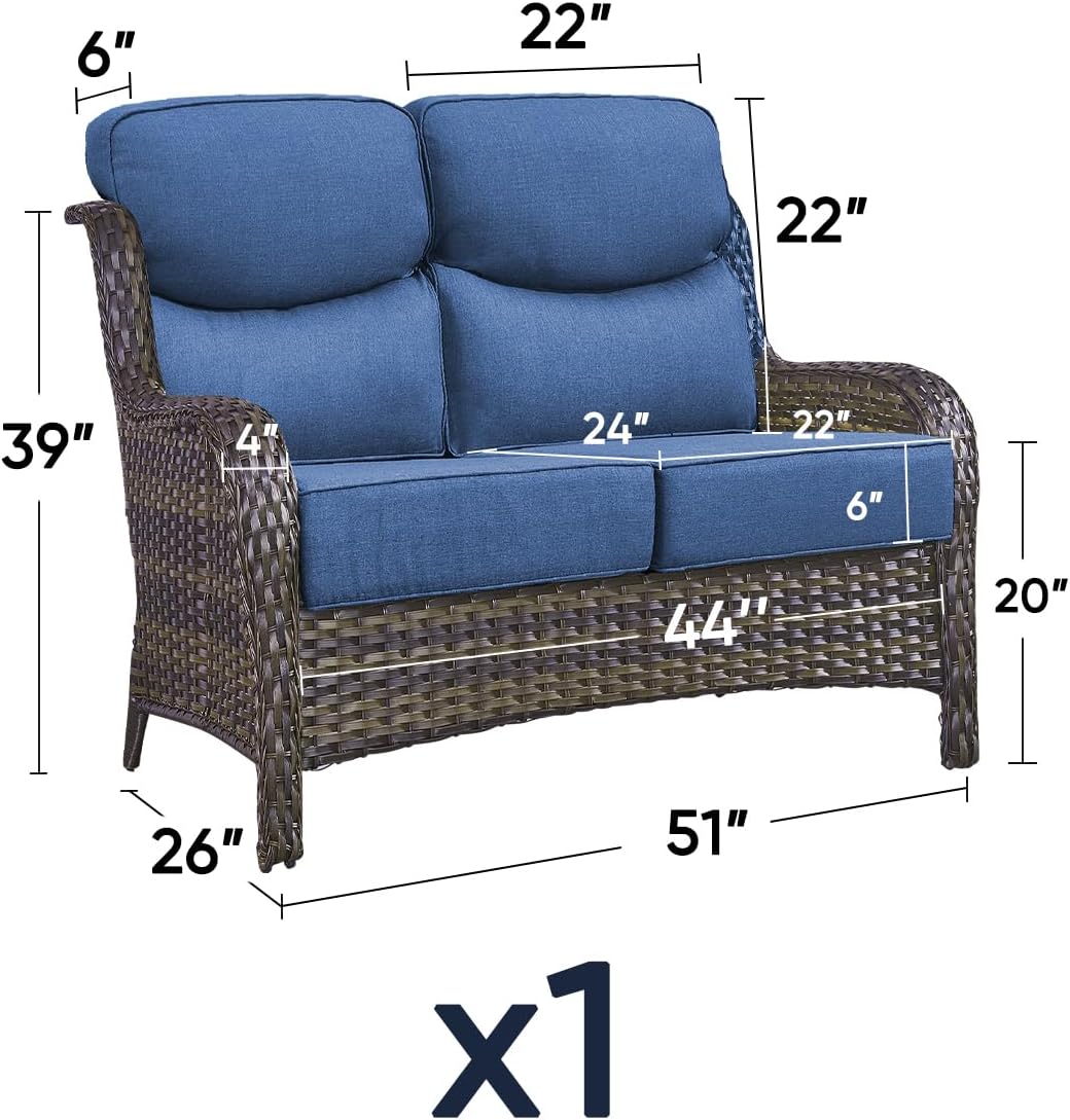 Brown Wicker 2-Seat Patio Loveseat Navy Cushions