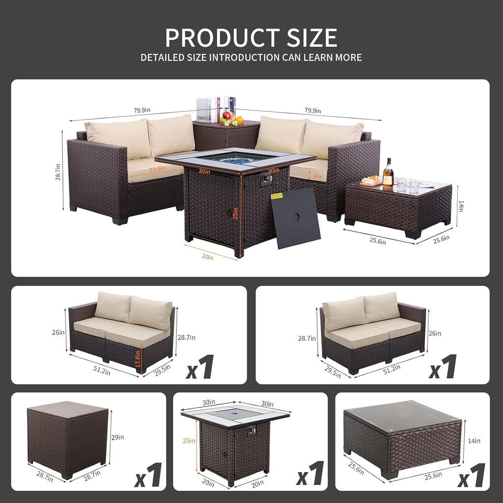 5 Piece PE Rattan Patio Set Fire Pit Table Khaki Cushions