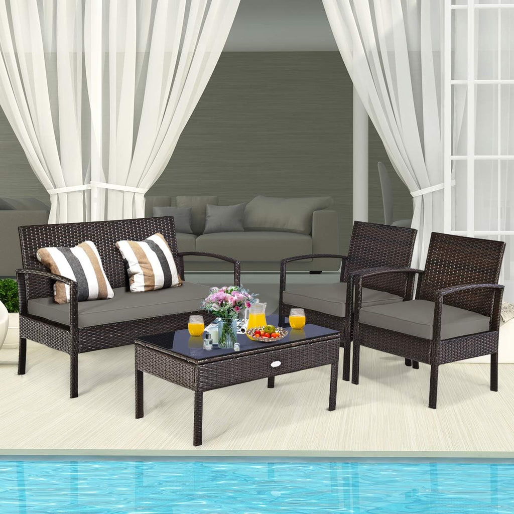 4-Piece Rattan Patio Conversation Set with Glass Table