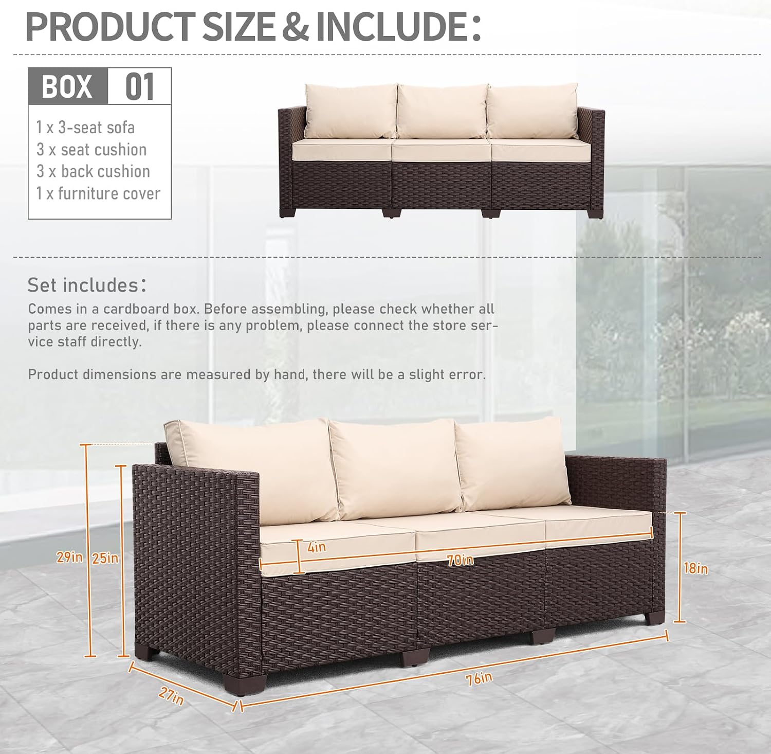 Khaki Wicker 3-Seat High Back Patio Sofa