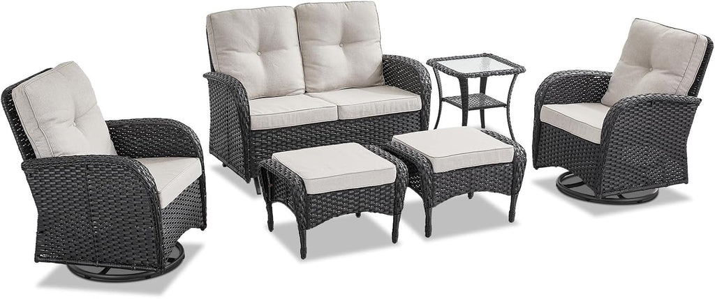 6 Piece Black Wicker Patio Set Swivel Rockers & Glider