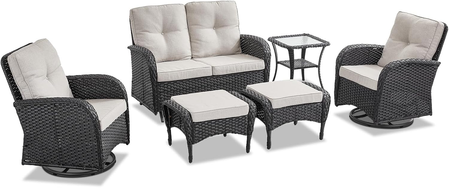 6 Piece Black Wicker Patio Set Swivel Rockers & Glider