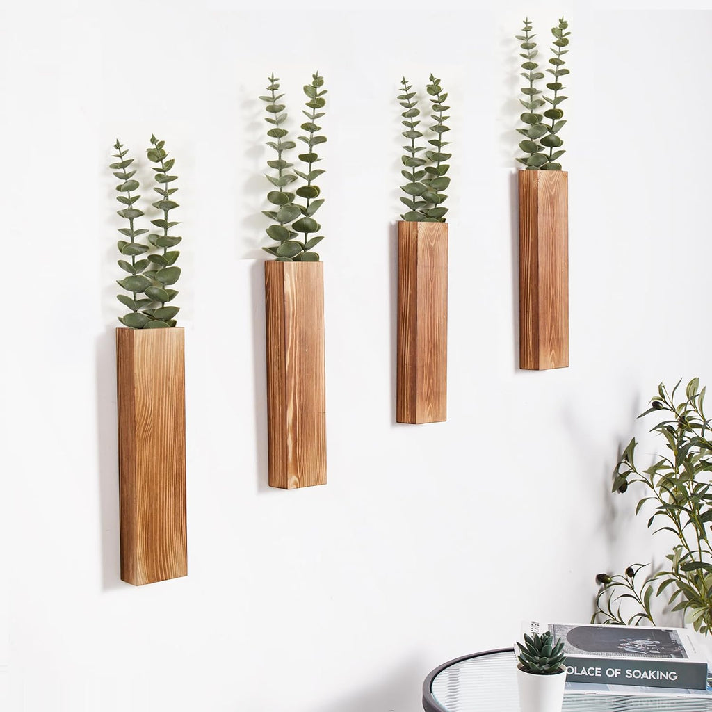 4-Pack Wooden Wall Planters with Faux Eucalyptus Stems