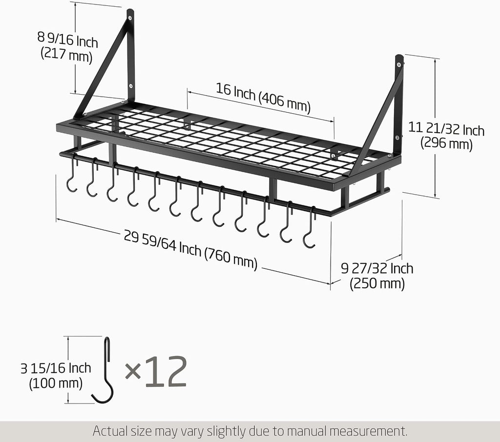 30" Matte Black Wall Mount Pot Rack