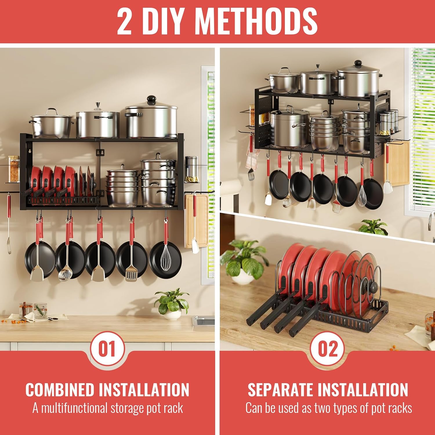 31" 3-in-1 Black Wall Mount Pot Rack