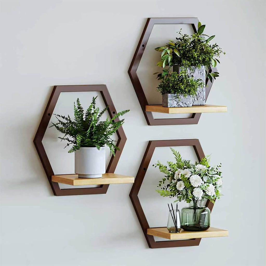 3 Pack Wood Metal Wall Plant Shelves
