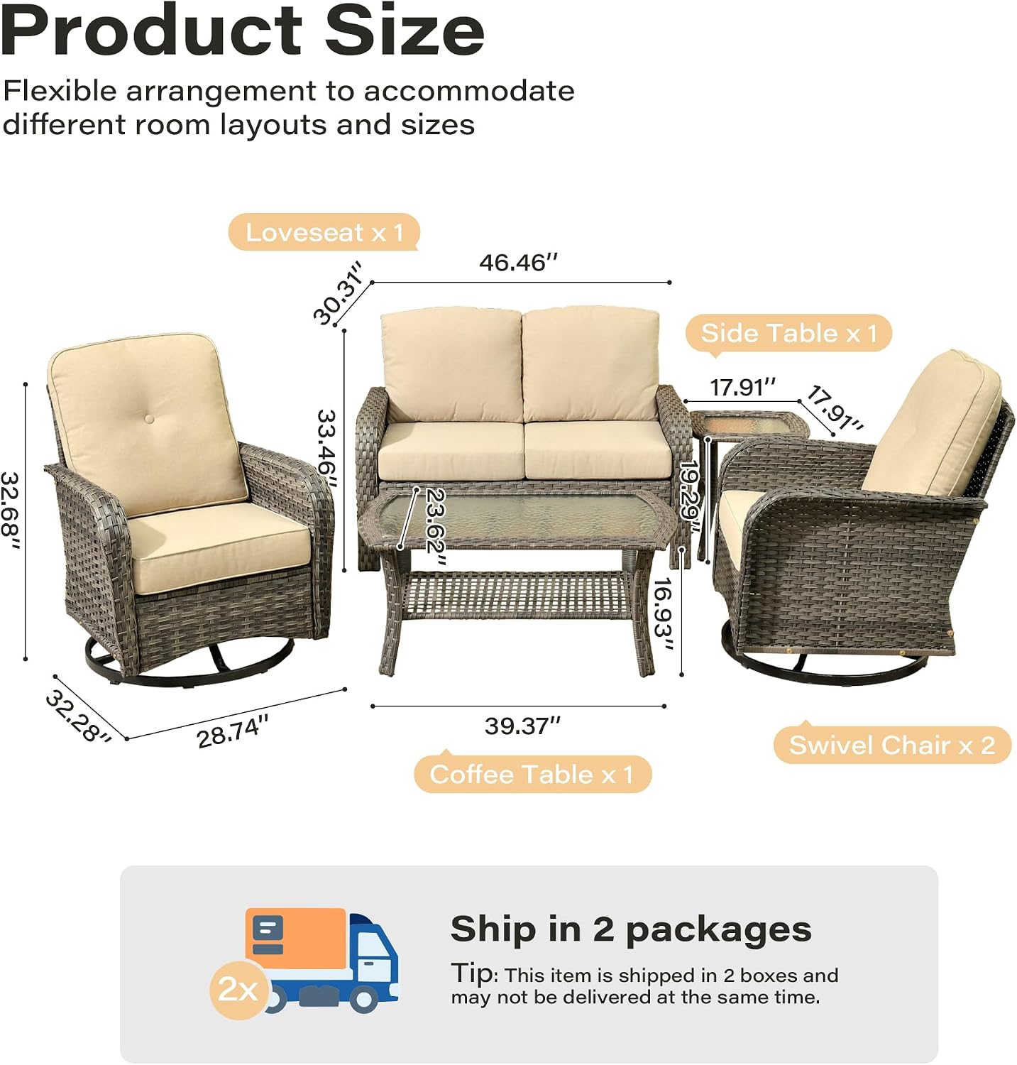 5 Piece Beige Rattan Patio Set Swivel Rockers & Loveseat