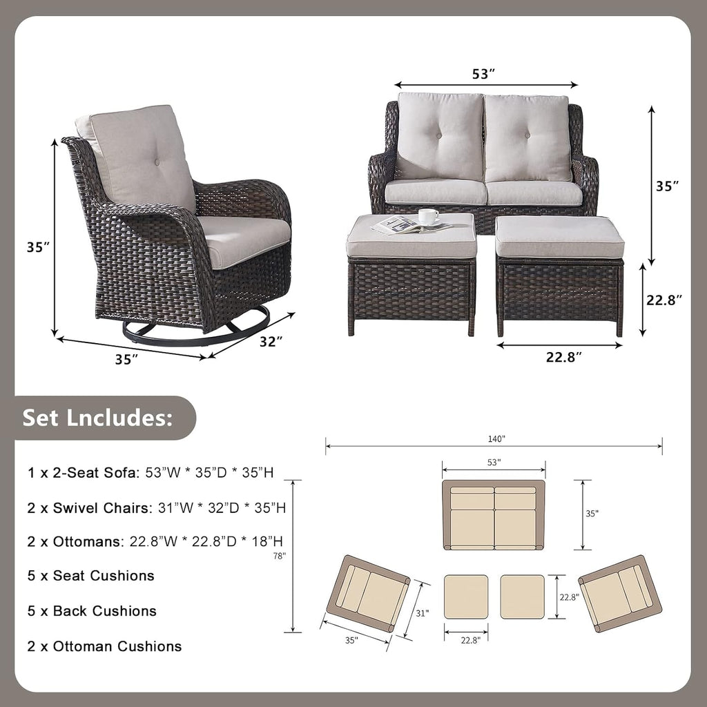 5 Piece Brown Wicker Patio Sectional Set Beige Cushions