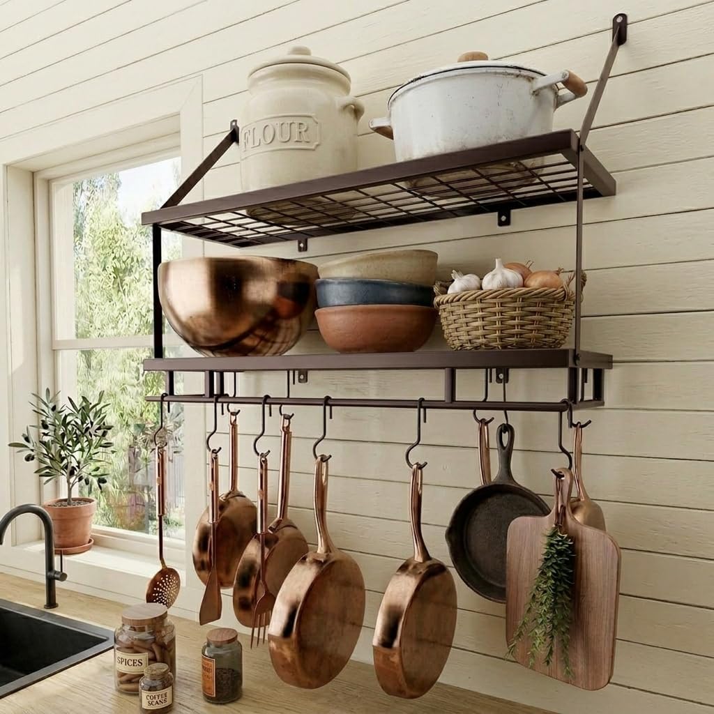 30" Oiled Bronze 2-Tier Wall Pot Rack