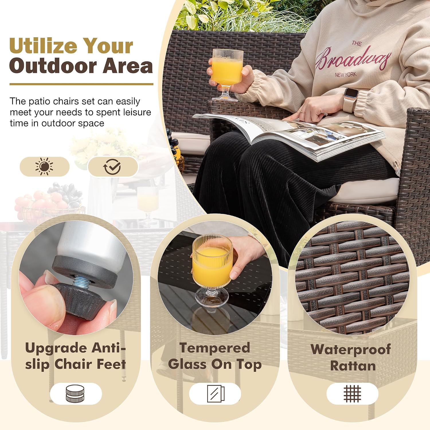 4-Piece Brown Rattan Patio Set Beige Cushions